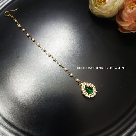 Elegant Green Maang Tikka, Green Kundan Maangtikka Headpiece